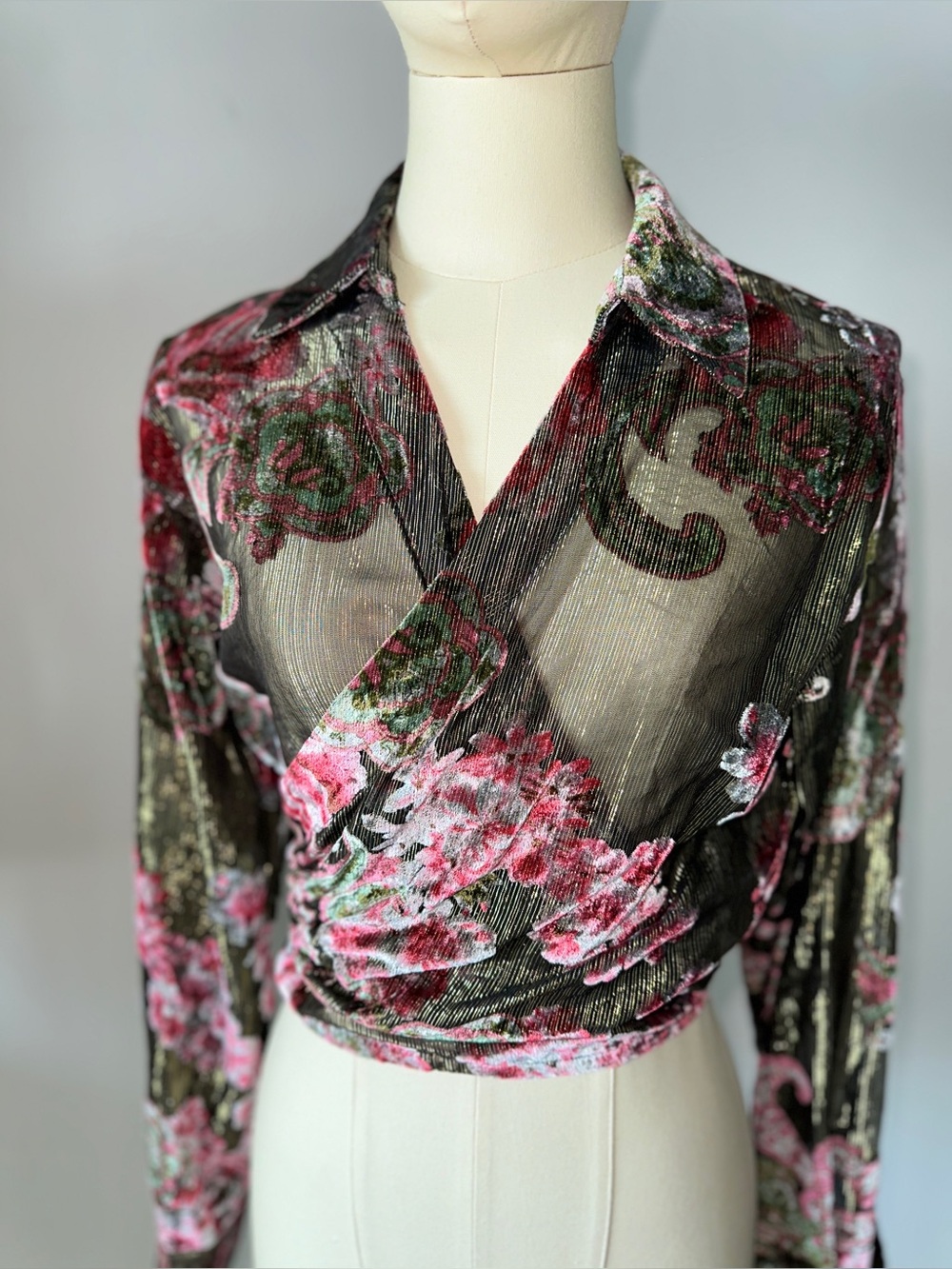 Le Superbe Velvet Floral Blouse in Olive & Pink - Picture 5 of 16